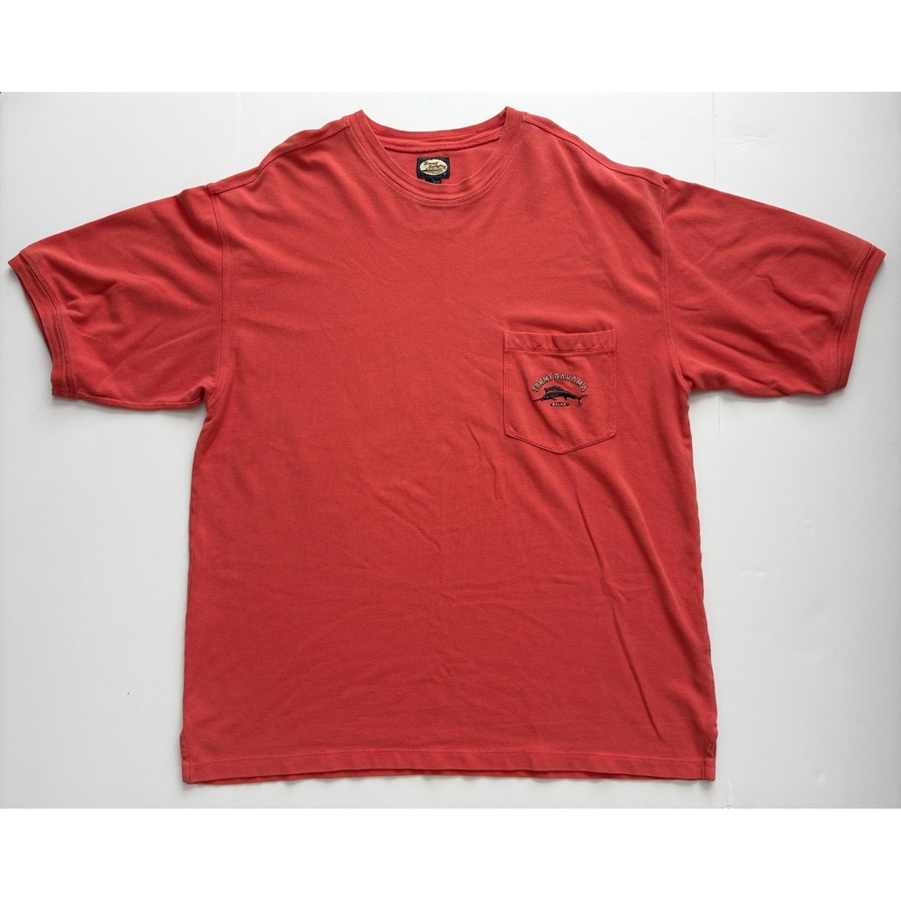 Vintage Tommy Bahama Men Coral Red Pique Knit Pocket TShirt Marlin Embroidered